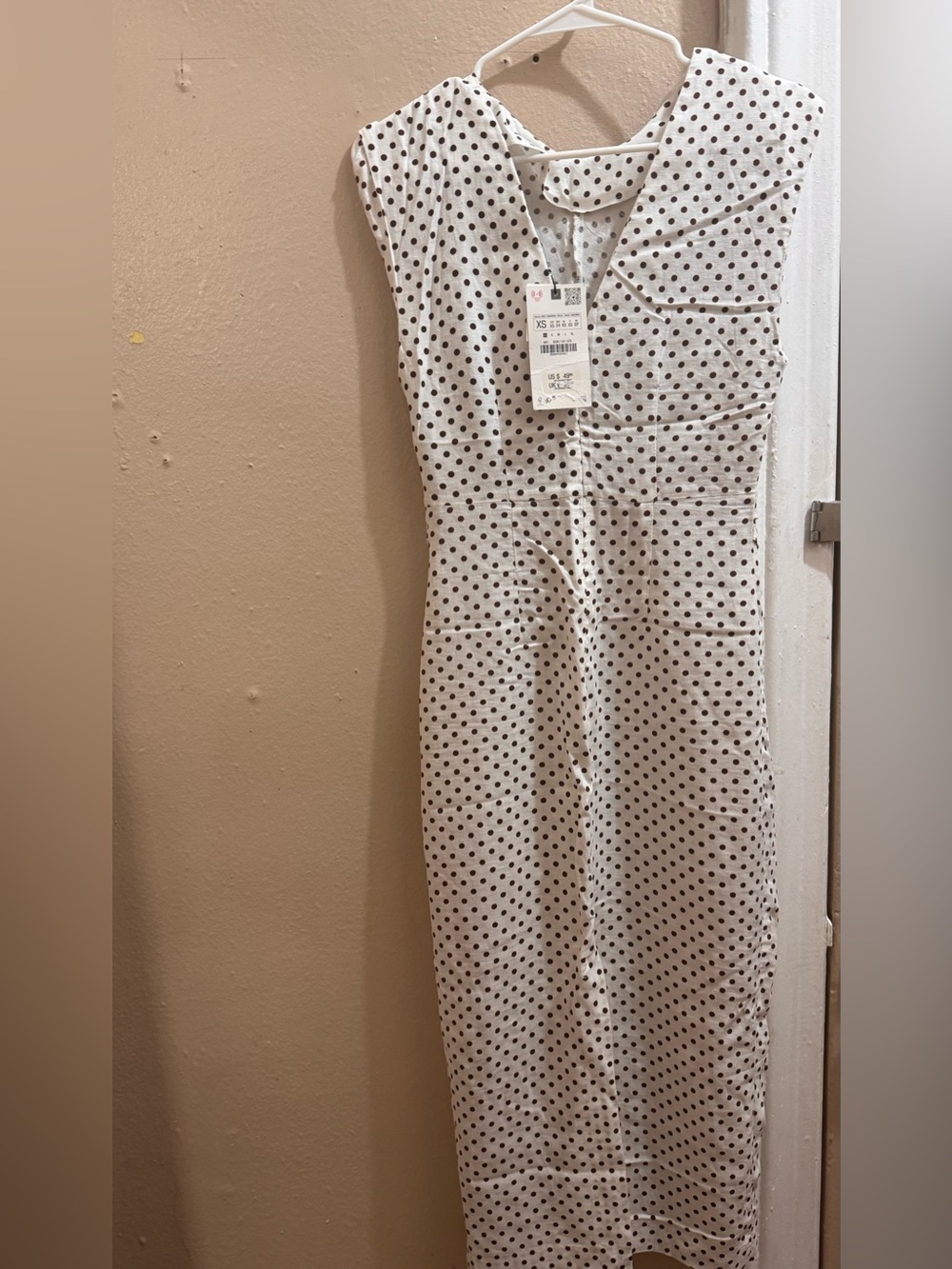 Zara White Midi Dress with brown Polka Dots